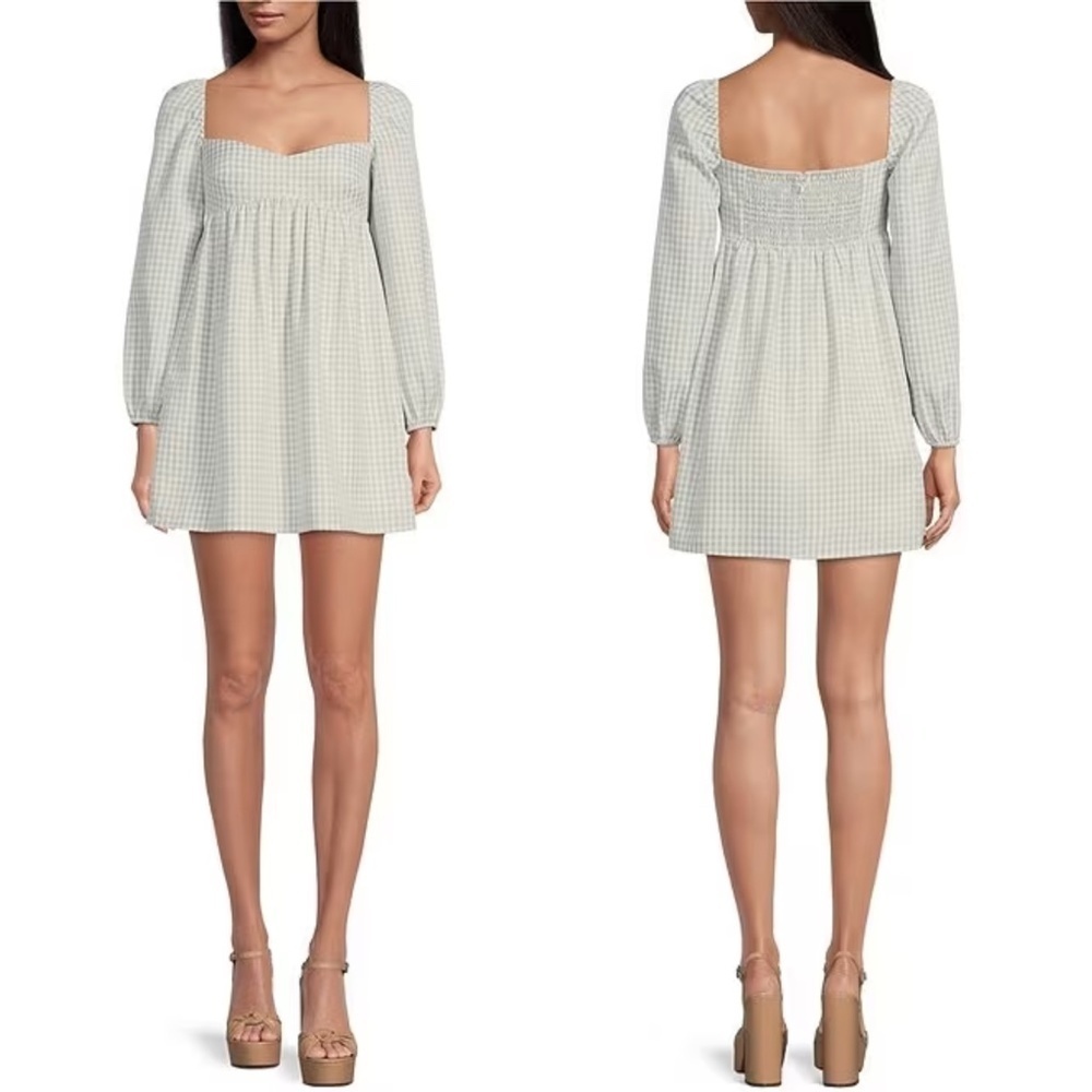 NWT Gianni Bini Kennedy Gingham Long Sleeve Sweetheart Neck Babydoll Dre…
